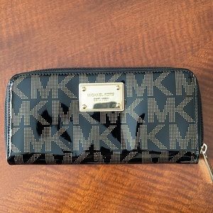 Michael Kors Monogram “MK” Shiny Black and Gold Zip Around Wallet